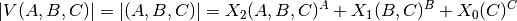 |V(A, B, C)| = |(A, B, C)| = X_{2}(A, B, C){^{A}} + X_{1}(B, C){^{B}} + X_{0}(C){^{C}}